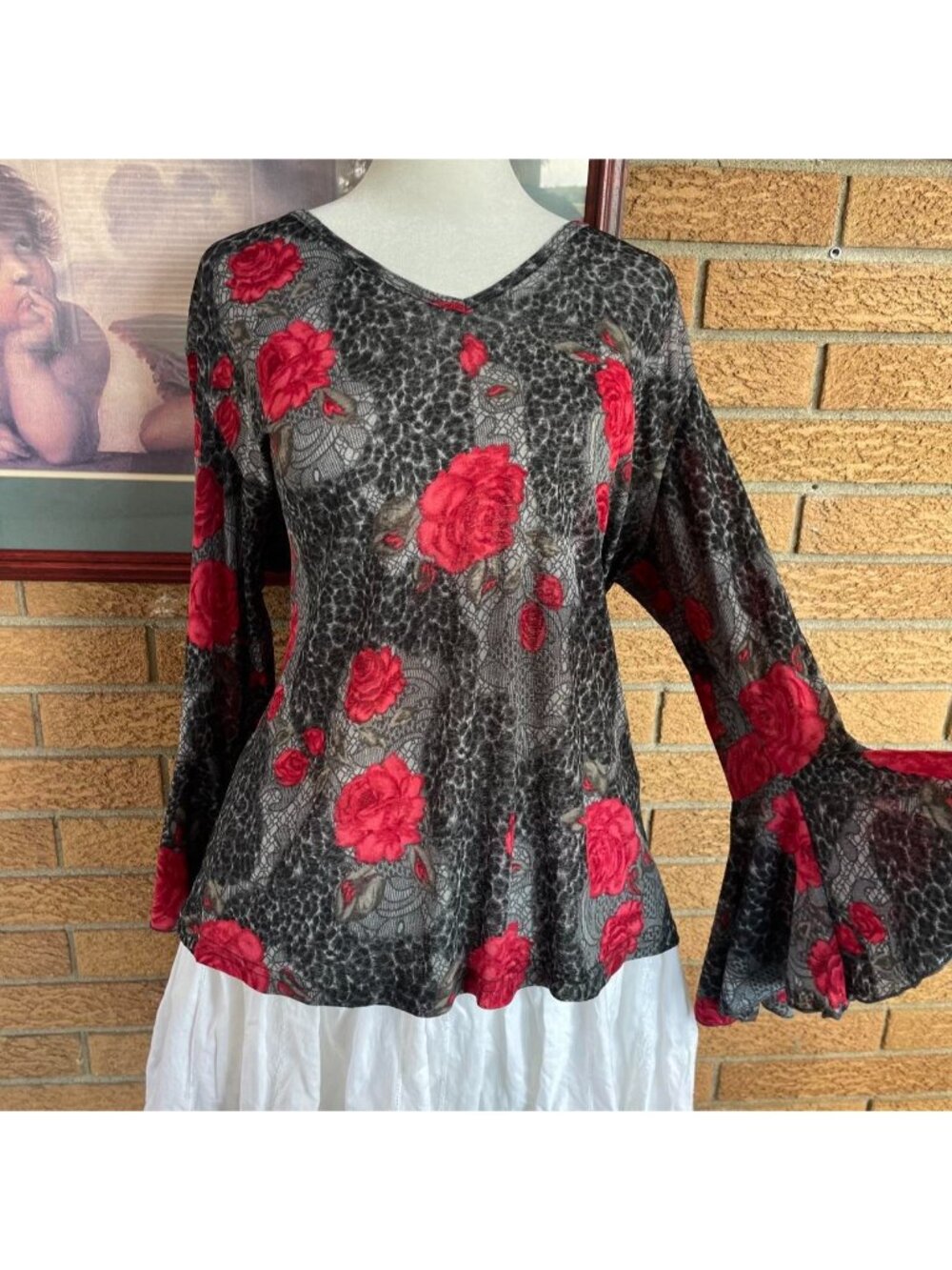 Vintage mesh floral top with ruffled bell sleeves